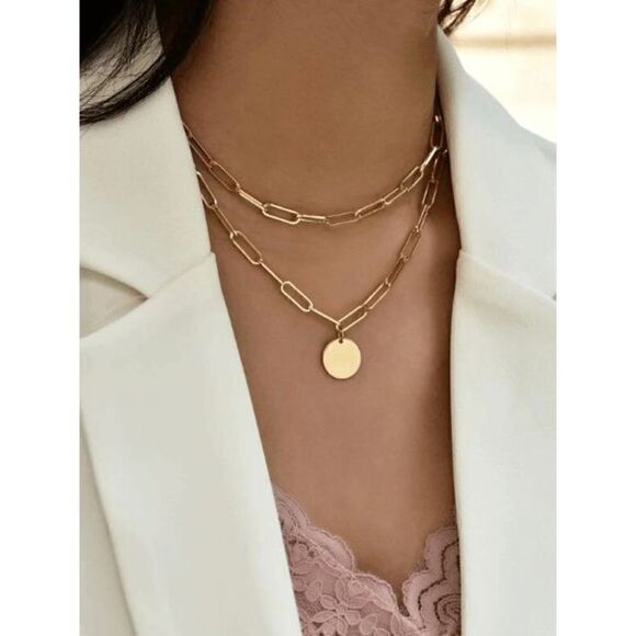 GOLD PLATED LAYERED LINK NECKLACE WITH HANGING ROUND CHARM - Picture 1 of 5